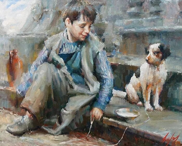 Лемох мальчик с собакой рассказ. "Мальчик с собачкой" Мурильо.. Мальчик с собачкой картина. Мальчик с собакой.