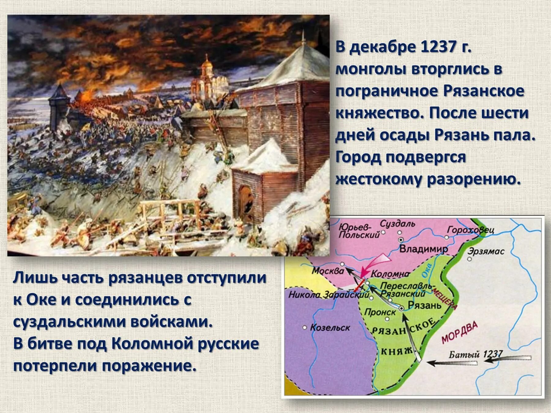 Нашествие батыя презентация 4 класс. Нашествие Батыя на Рязань 1237. Осада Рязани монголами в декабре 1237. 1237 Г разорение Рязанского княжества. Нашествие Батыя на Рязанское княжество.