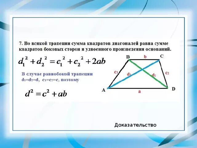 Диагональ равнобедренной трапеции формула. Сумма квадратов диагоналей трапеции. Теорема о диагоналях равнобедренной трапеции. Формула нахождения угла между диагоналями трапеции.