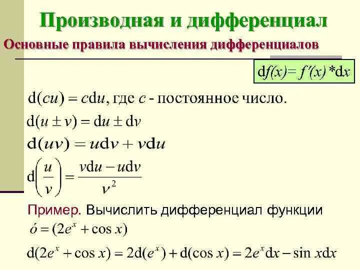 Формула нахождения дифференциала сложной функции. Формула нахождения дифференциала функции. Производная и дифференциал функции. Формулы производных правила вычисления производных.