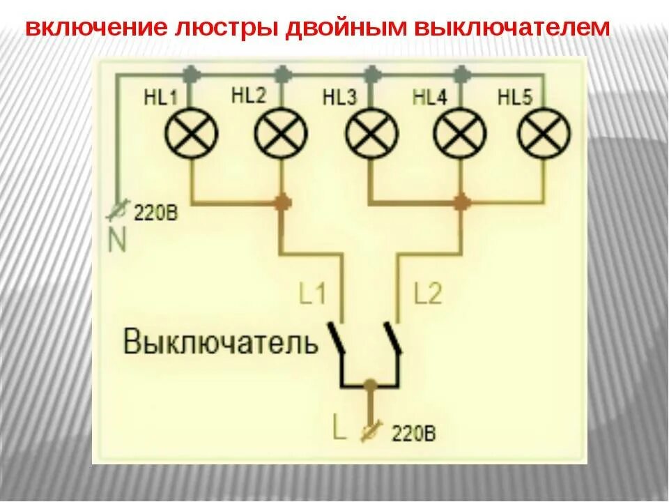 Схема ламп в люстре. Схема подключения 2 лампочек и выключателя. схема подключения 6 рожковой люстры на двойной выключатель. схема подключения двухклавишного выключателя на пять лампочек. схема соединения двойного выключателя на 2 лампочки.