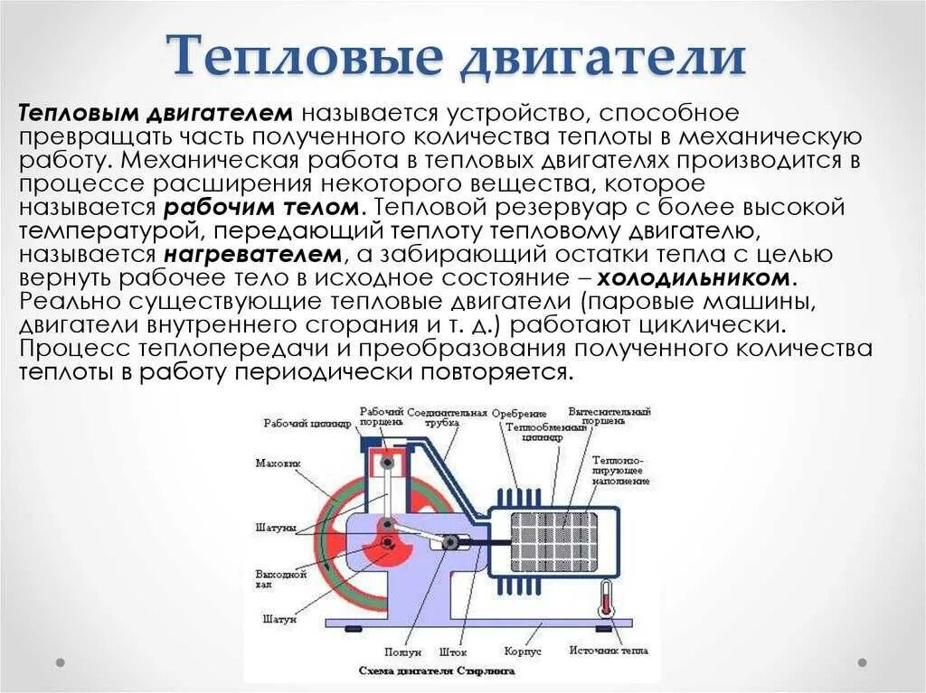 Привести примеры использования двигателей. Тепловые двигатели физика 8 класс. Тепловой двигатель Назначение устройство. Тема. Тепловые двигатели. КПД тепловых двигателей. Тепловые двигатели физика 9 класс.