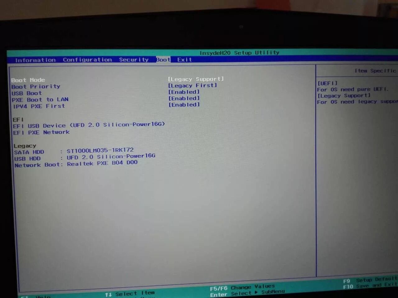 Pxe16. Insydeh20. Network PXE Boot menu. Insydeh20 Setup Utility. Acpi int 34c6