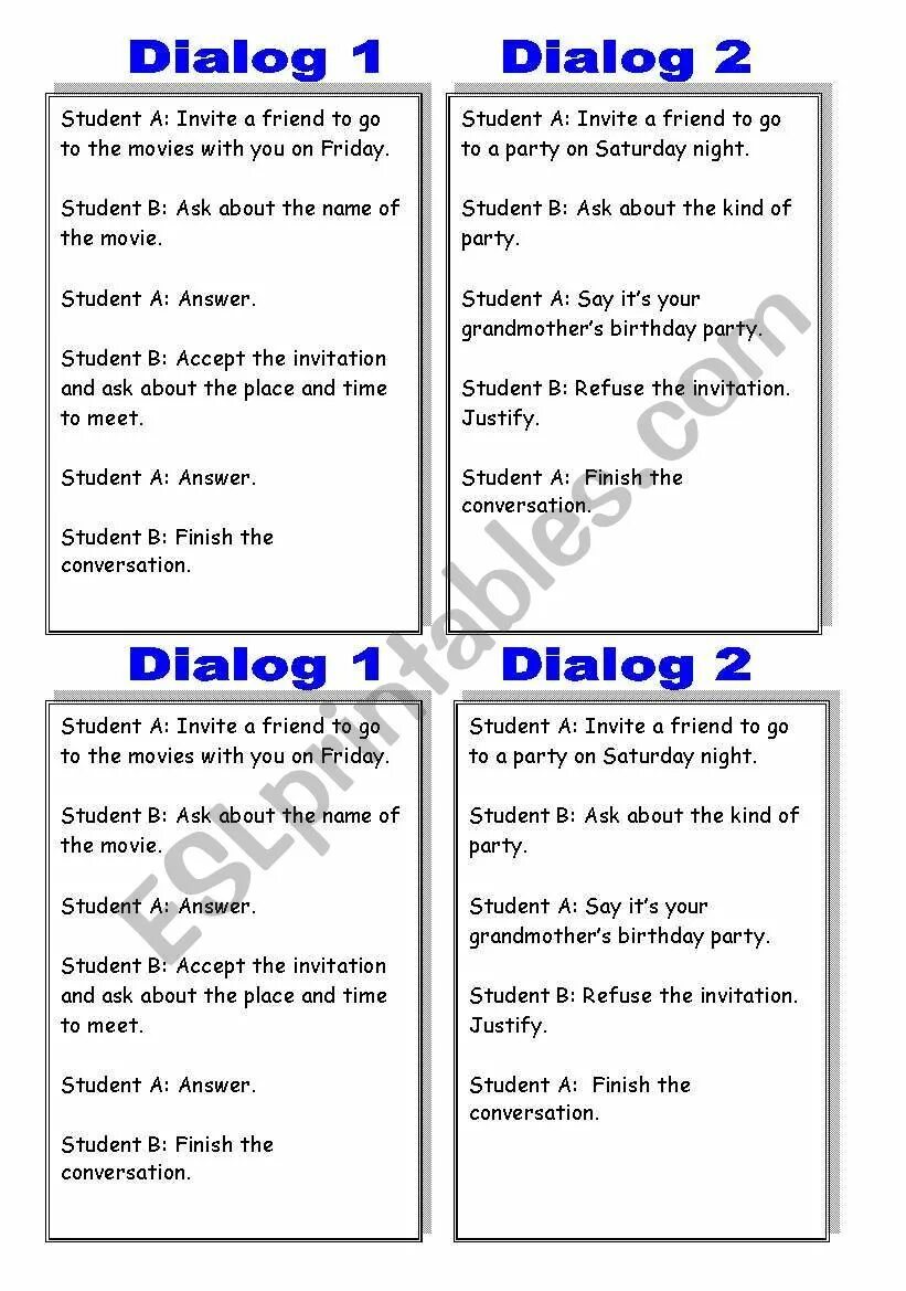 Finish the dialogue. Dialogue accepting and refusing invitations. making invitations. making invitations accepting and refusing. dialogue worksheets.