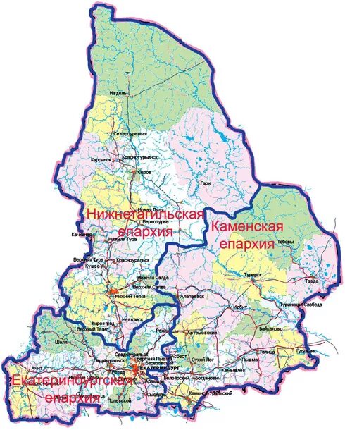 В какой зоне расположена свердловская область. Карта Свердловской области с населенными пунктами. Свердловская область границы. Екатеринбургская митрополия карта. Карта Екатеринбургской епархии.