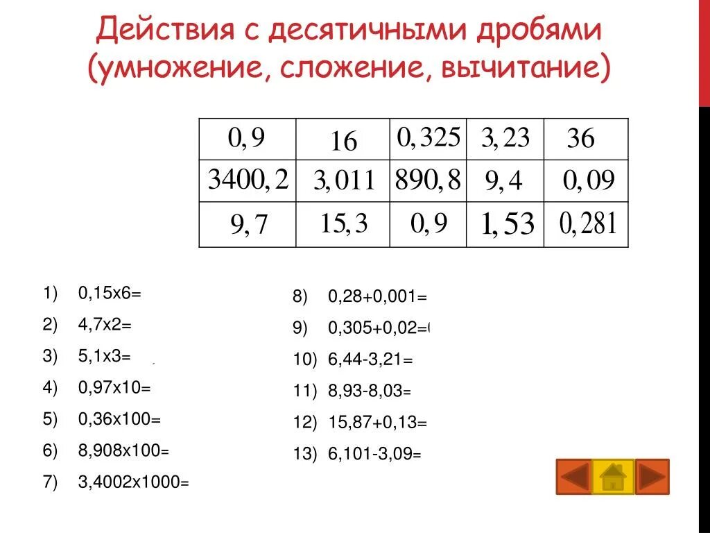 Арифметические действия с десятичными