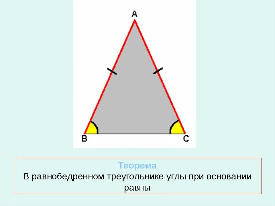 Где центр равнобедренного треугольника. Угол при основании равнобедренного треугольника. Углы при равнобедренном треугольнике. В равнобедренном треугольнике углы при основании равны. Чему равны углы при основании равнобедренного треугольника.