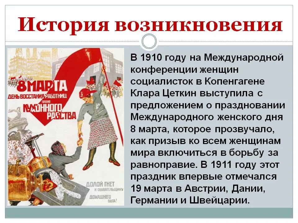 В каком году впервые отметили женский день. Международный женский день история возникновения.