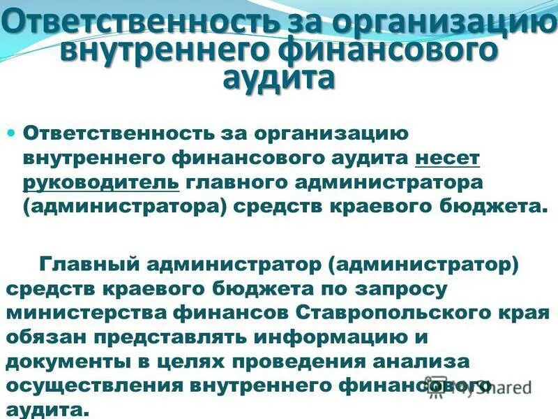 Обязанности аудиторских организаций. Организация внутреннего финансового аудита. Субъект внутреннего финансового аудита. Значение финансового аудита. Обязанности внутреннего финансового контроля.