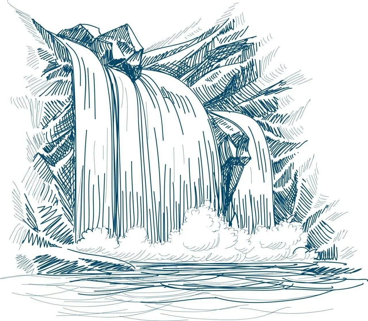 Вода графика рисунок. Водопад рисунок. Водопад Графика. Скала с водопадом вектор. Водопад скетч.