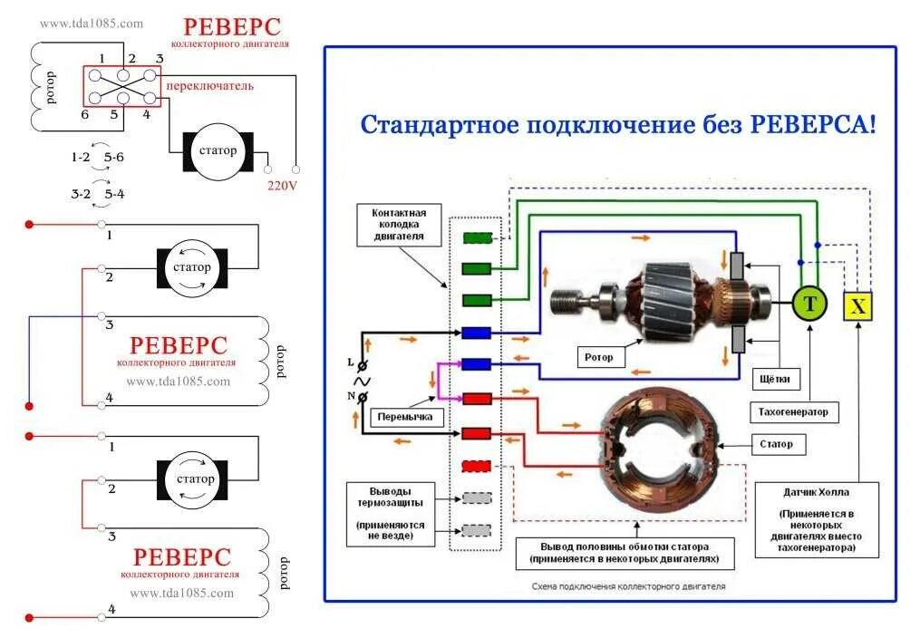 Как поменять направление двигателя. Схема подключения коллекторного двигателя 220 вольт. реверс двигателя стиральной машины схема подключения. схемы подключения коллекторных электродвигателей 220в. схема подключения двигателя от стиральной машины автомат с реверсом.