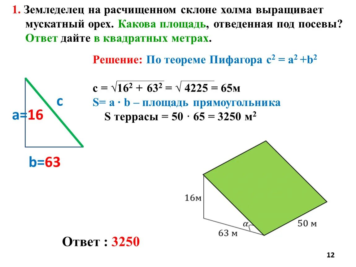 Огэ математика 9 класс пифагора. Решение задач по теореме Пифагора. ОГЭ математика склоны. Как найти площадь склона. Как найти площадь отведенную под посев.