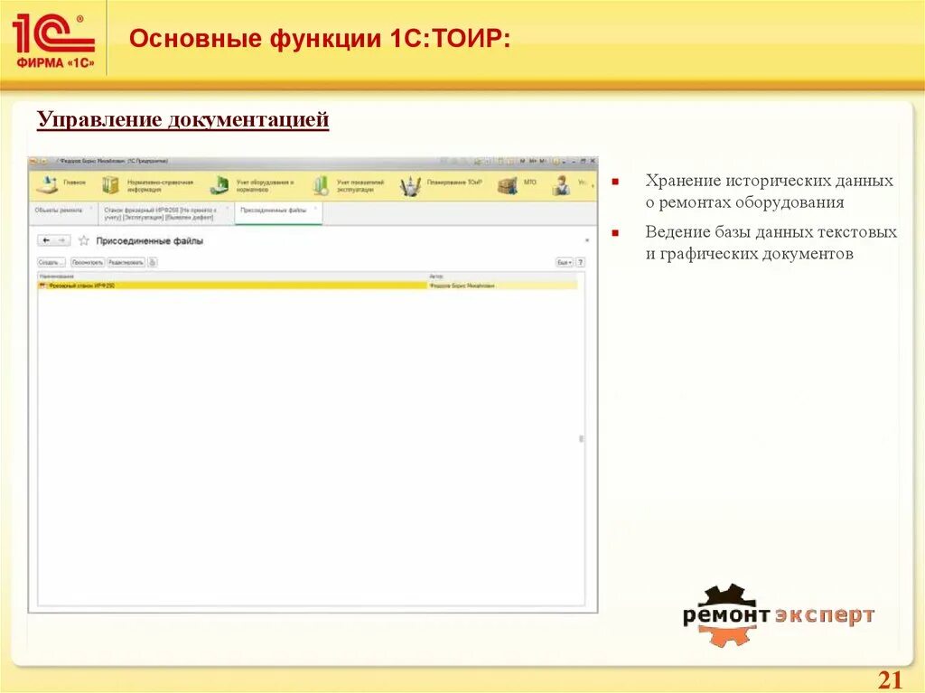 1.1 Управление ремонтами и обслуживанием оборудования 1с:ТОИР. 1c ТОИР. Основные функции 1с. База 1с ТОИР. Ведение базы 1с