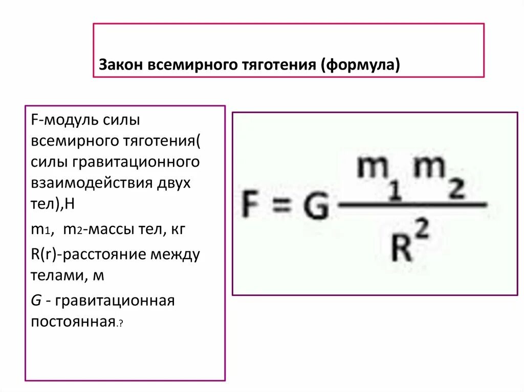 Закон всемирного тяготения взаимодействие. Формула силы Всемирного тяготения 9 класс. Сила притяжения формула 9 класс. Сила Всемирного тяготения таблица. Закон Всемирного тяготения формула физика.