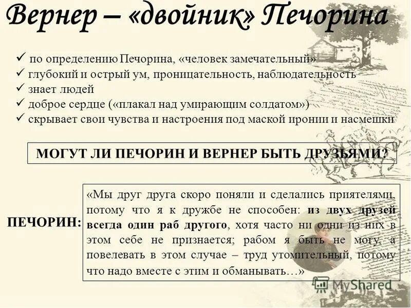 Вернер герой нашего времени. Вернер двойник Печорина. Наблюдательность Печорина. Печорин и Вернер.