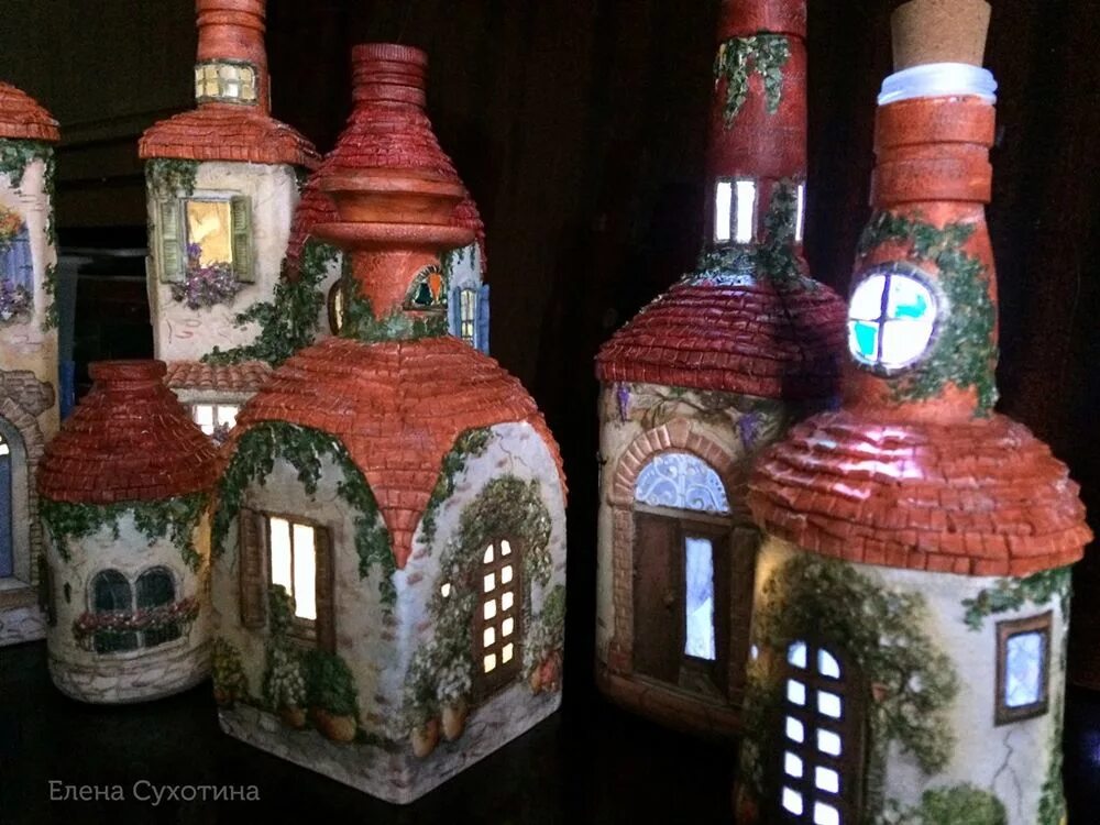Поделки домики бутылки. Домик из бутылки. домики из стеклянных банок.