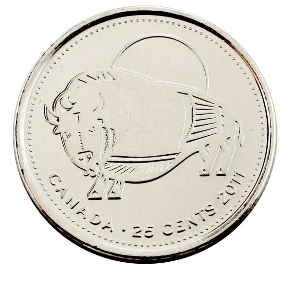 Монета Канада 25 центов 2011г. Канадские монеты 25 центов. Королевский канадский монетный двор. Монеты Канады Лесной Бизон.