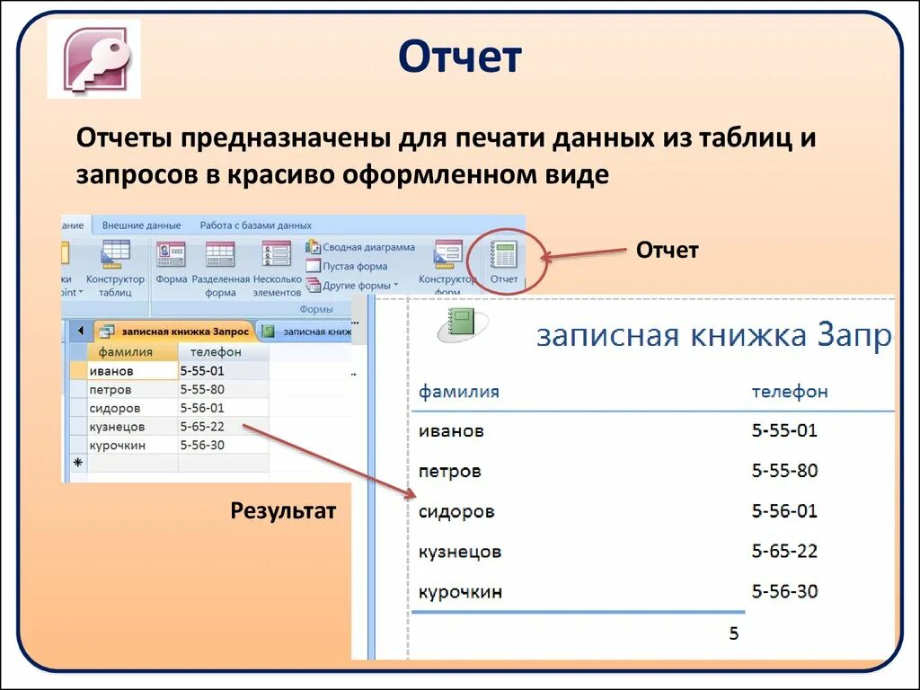 Отчёты в базе данных access. Форма запрос отчет базы данных. Отчет в базе данных это. Запросы и отчеты в базах данных.. Access вывод