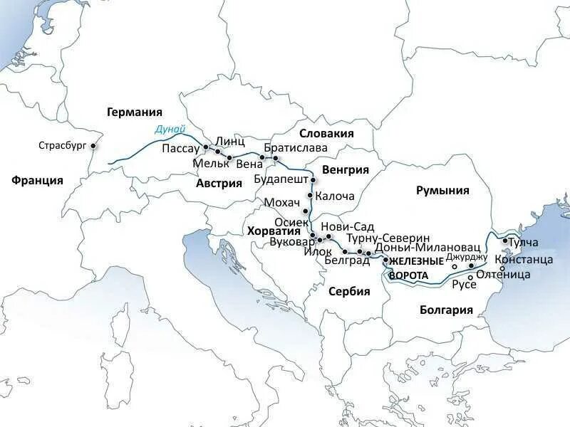 Страны через которые протекает дунай. Река Дунай на карте Евразии. Бассейн реки Дунай на карте Европы. Карта Дуная с городами. Исток реки Дунай на карте.