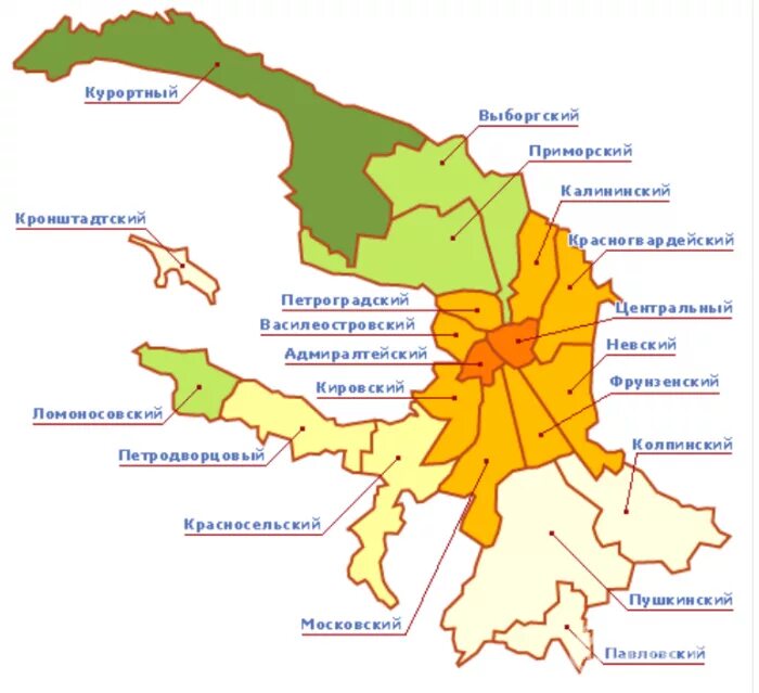Санкт петербург какой округ. Административно-территориальное деление Петербурга. Районы СПБ на карте. Санкт Петербург деление по районам. Карта Санкт-Петербурга по районам.