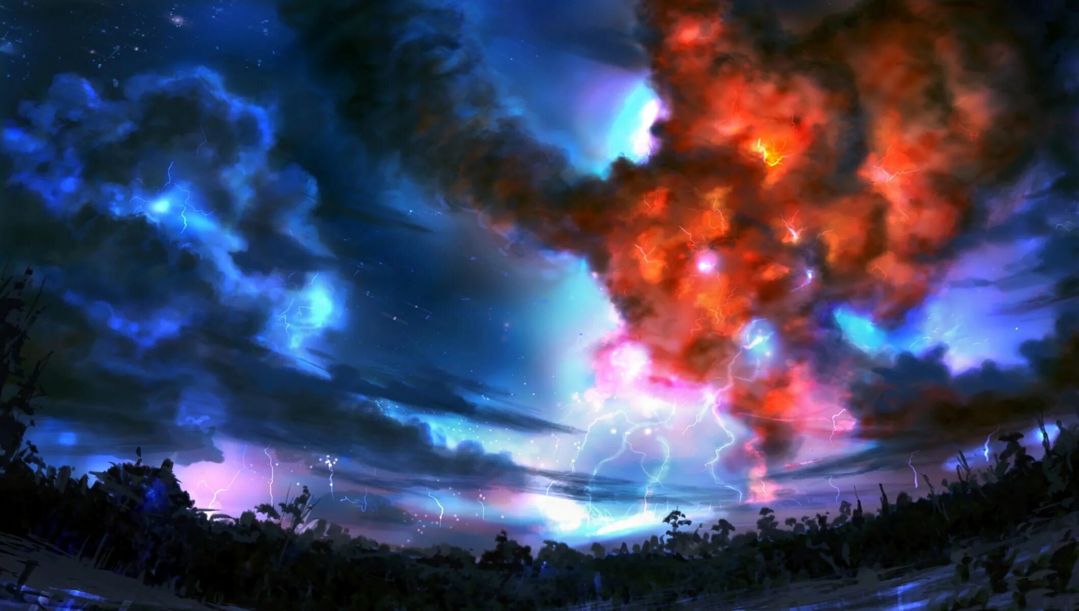 Огненная гроза. Фантастические пейзажи космоса. Небо арт. Взрыв арт. Облака фэнтези.