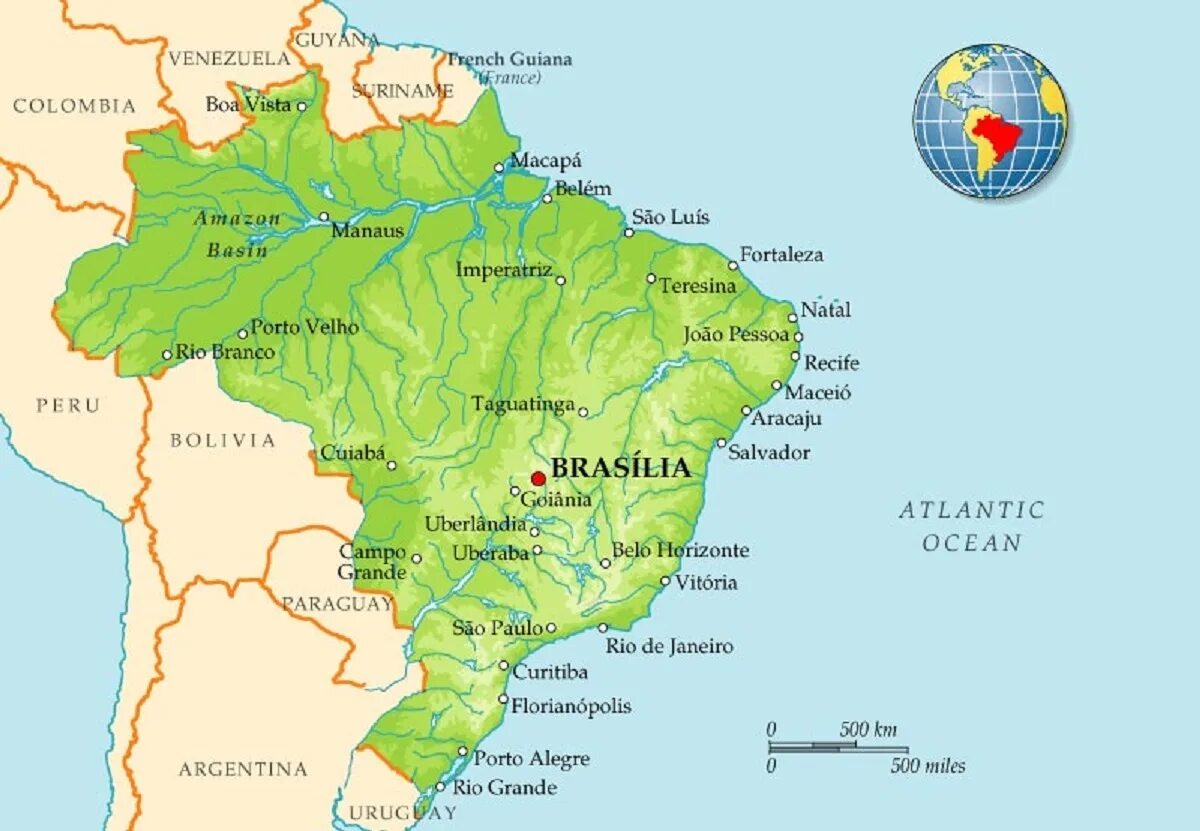 Побережье Бразилии на карте. Местоположение Бразилии на карте. Столица Бразилии на карте Бразилии.