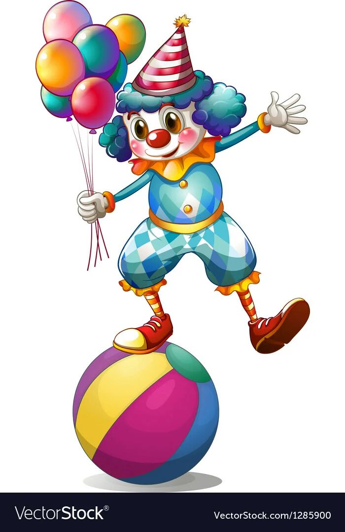 Клоун развлекающий в паузах между номерами. Клоун на шаре. Клоун с шариками. Клоун с воздушными шариками. Иллюстрация клоуна с шариками.