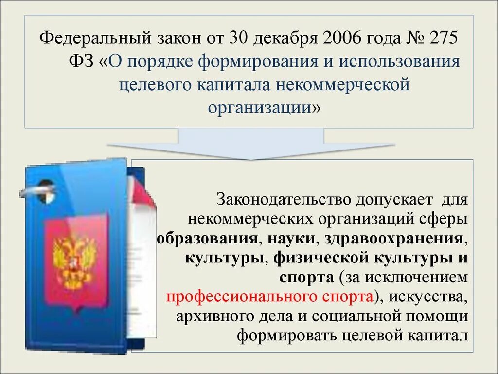 Законодательство о некоммерческих организациях. ФЗ О целевом капитале. 275 Федеральный закон. Закон о некоммерческих организациях. Федеральный закон 2006 года.