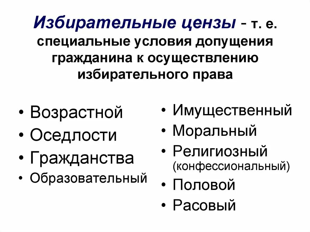 Сколько уровней цензов установлено в рф. Избирательные цензы. Виды избирательных цензов. Цензы в избирательном праве. Избирательный ценз виды в РФ.