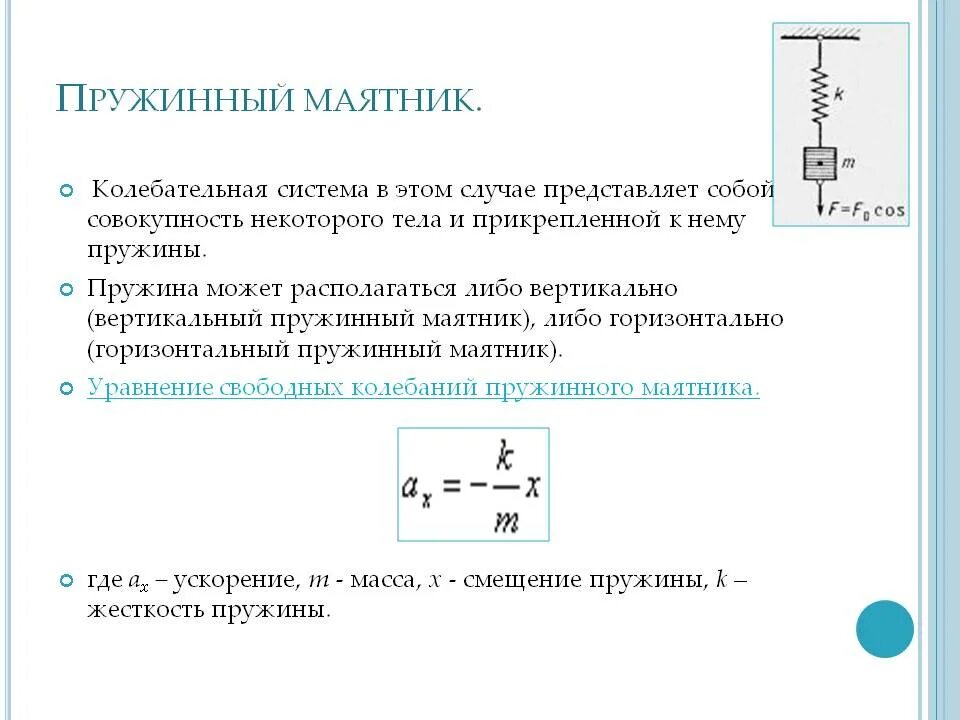 Период колебаний пружинного маятника. Ускорение пружинного маятника формула. Формула максимальной скорости колебания пружинного маятника. Формула ускорения колебаний пружинного маятника. Формула для расчета периода колебаний пружинного маятника.