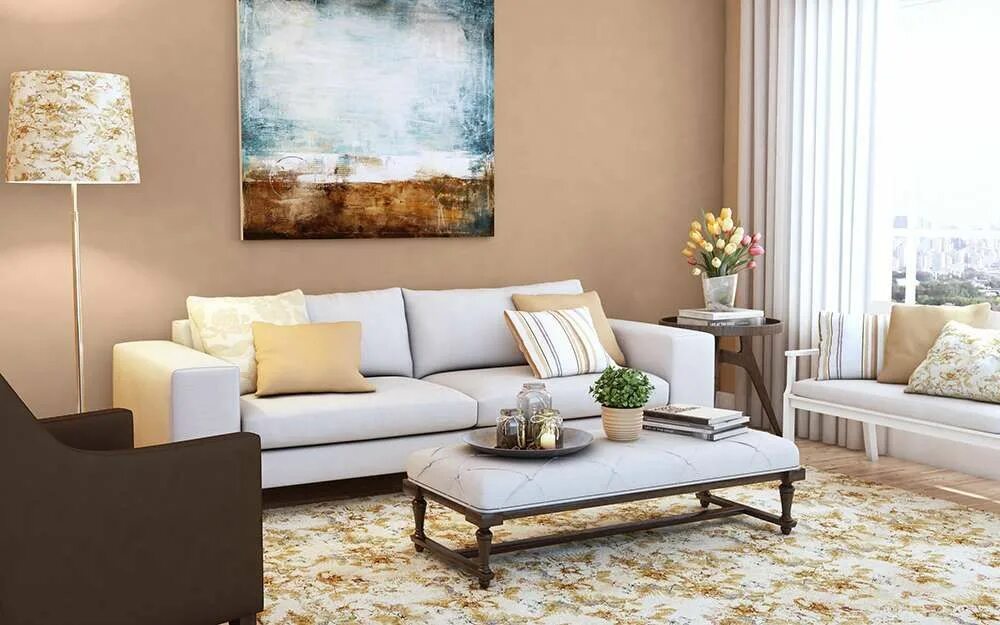 Кремовый цвет в интерьере. Серые шторы в бежевом интерьере. Кремовые стены в интерьере. Коричневый диван в интерьере. Светлая мебель,коричневый диван.