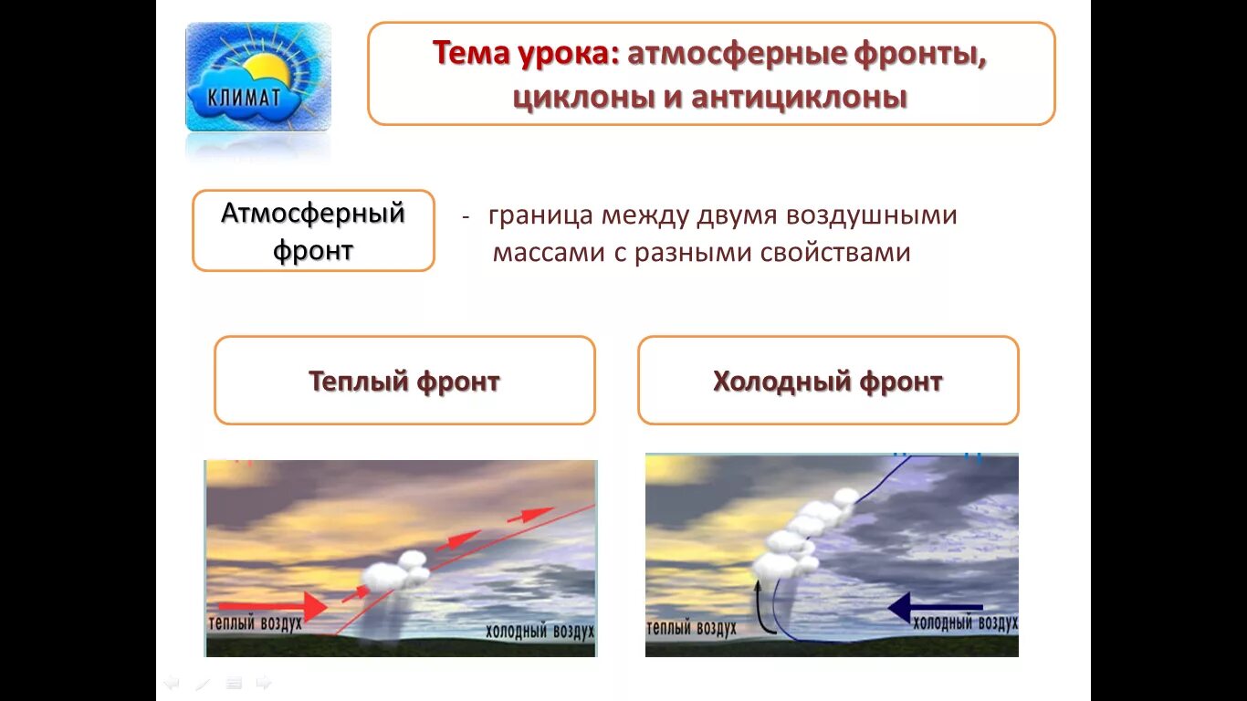 Атмосферные фронты циклоны. Воздушные массы и атмосферные фронты. Атмосферные фронты циклоны и антициклоны. Теплый и холодный фронт циклона.