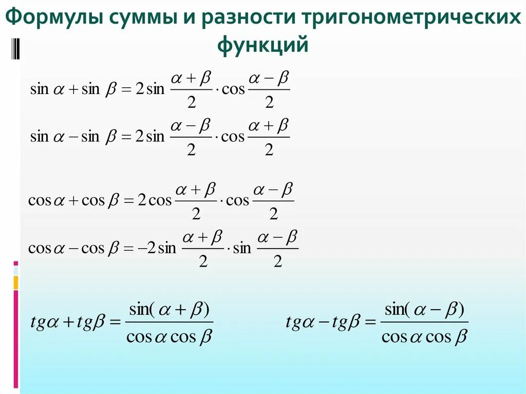 Формулы суммы и разности тригонометрических функций. Формулы суммы и разности Триго. Формулы разности тригонометрических функций. Формулы преобразования суммы и разности тригонометрических функций.