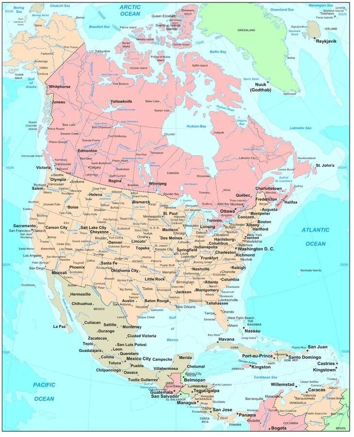 Карта Северной Америки крупная. Карта Северной Америки географическая. Карта Северной Америки политическая крупная. Политическая карта Северной Америки с городами.