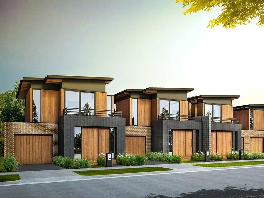 современный загородный дом. современные загородные дома. комплекс индивидуальных жилых домов. экодом с плоской кровлей. контемпорари архитектура экстерьер.