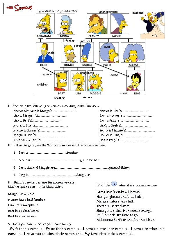 Write the sentences using the possessive case. Possessive case family. the simpsons family английский. possessive case семья. family members possessive case.