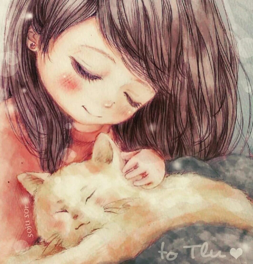Девочка с котятами. Красивые милые иллюстрации. Трогательные арты. Девушка с котенком.
