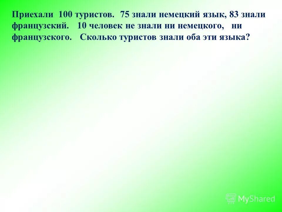 из 100 приехавших туристов 75 знали. из 100 приехавших туристов 75 знали. задача из 100 туристов. из 100 приехавших туристов 75 знали немецкий язык. на могилу этого великого математика.