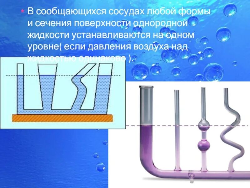 Сообщающиеся сосуды. В сообщающихся сосудах любой формы и сечения.... Сообщающиеся сосуды с разными жидкостями. Сообщающиеся сосуды разной формы.