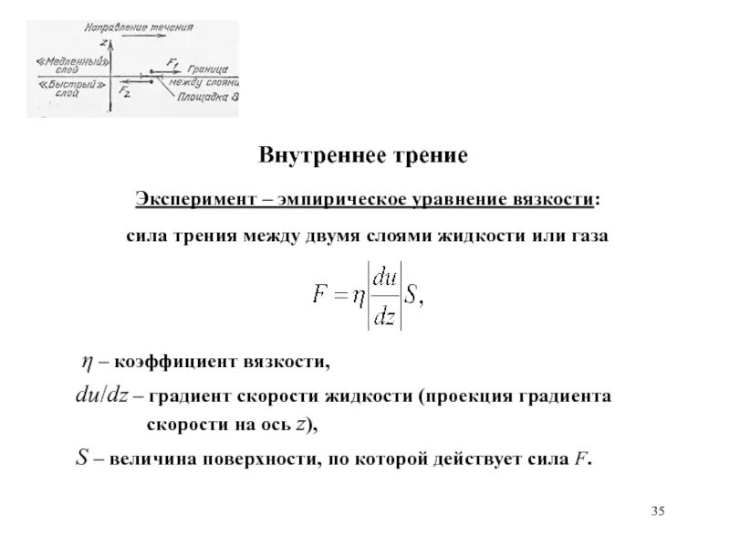 Сила внутреннего трения жидкости. Сила трения между слоями жидкости. Формула силы трения между слоями газа жидкости. Внутреннее трение вязкость. Уравнение внутреннего трения.