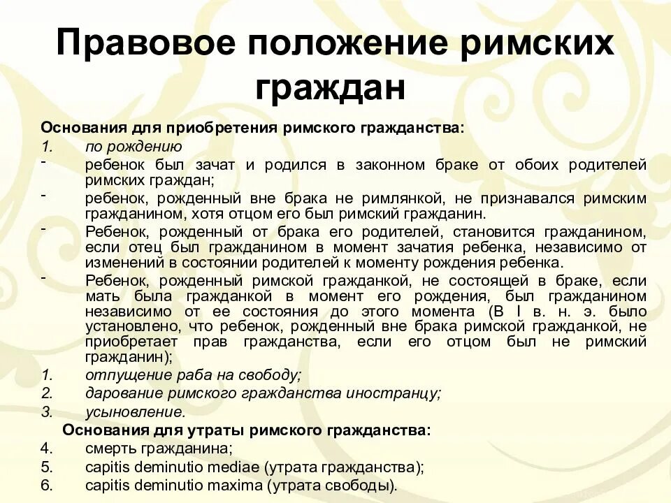 Правовое положение римских граждан в римском праве. Правовое положение римских граждан в римском праве