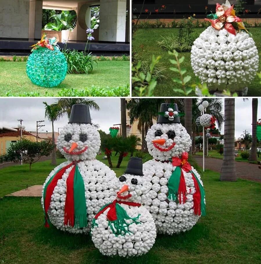 новогодний снеговик на улице. снеговик из бросового материала. елка с игрушками. большая новогодняя игрушка своими руками. елка из платстиковых бут.