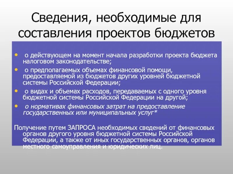 Орган составляющий проект бюджета. Сведения необходимые для составления проектов бюджетов.
