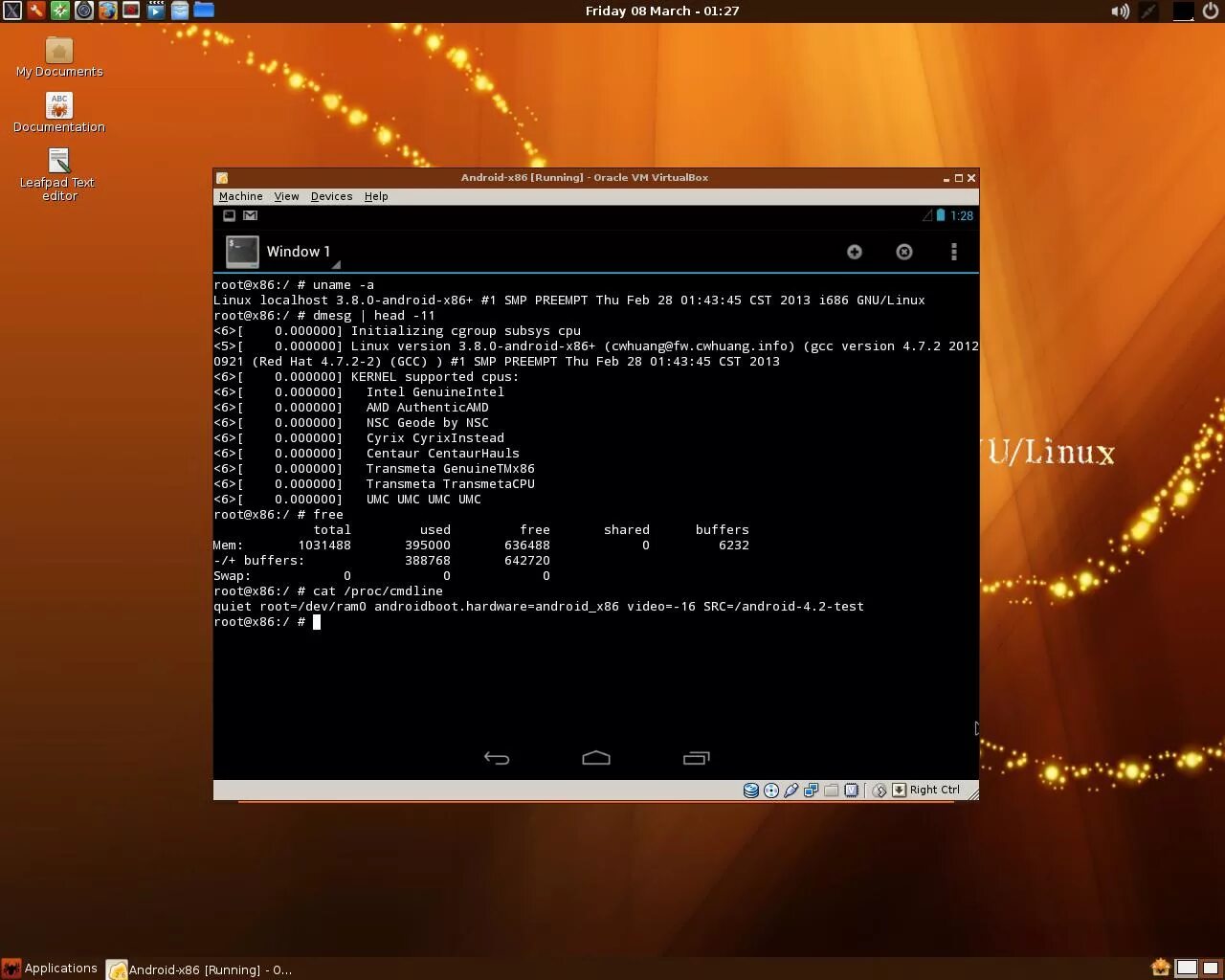 Тестирование процессора Linux. Android 2.3 x86. SLITAZ Linux. Uname linux