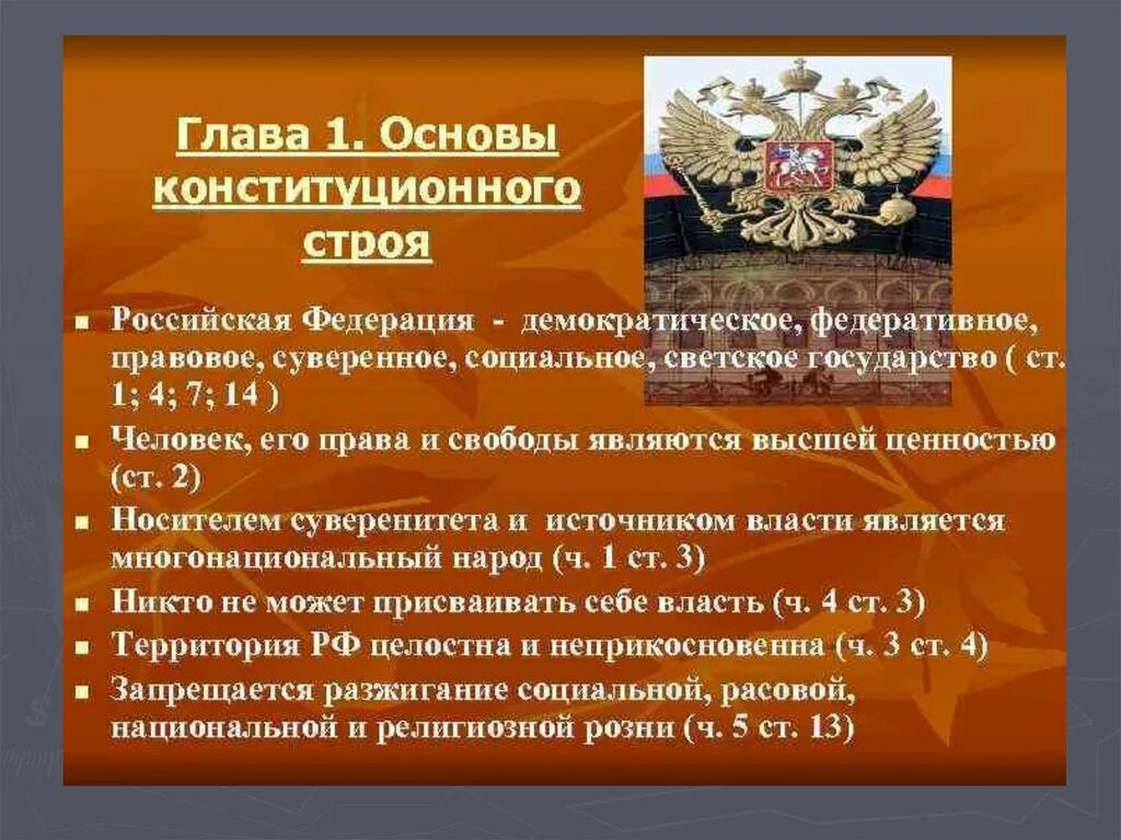 Основы конституционного строя Российской ф. Основные принципы первой главы Конституции. Первая статья Конституции. Социальная основа Конституции.