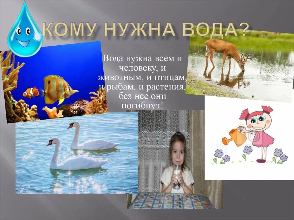 Кому нужна вода. Для чего нужна вода. Кому нужна вода картинки для детей. Всему живому нужна вода. Рыбам нужен воздух