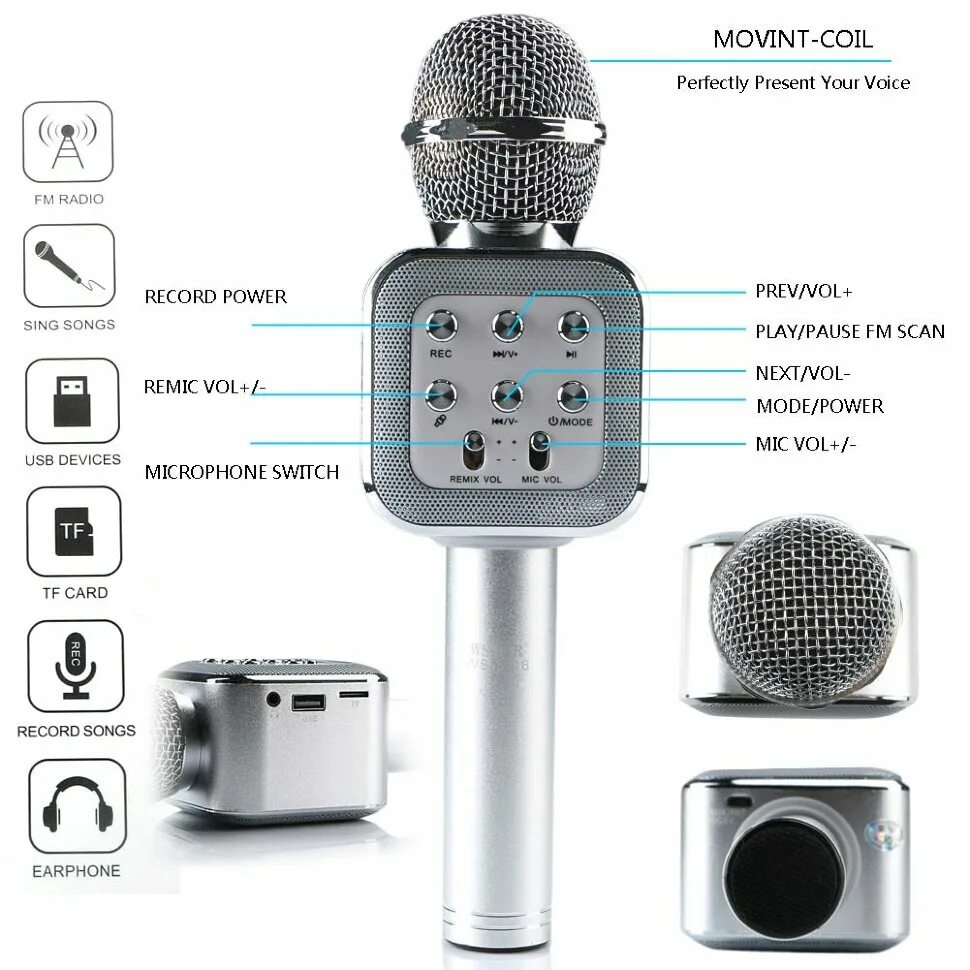 Микрофон WSTER WS-1816 беспроводной (Bluetooth, динамики, USB)/40 купить в интер
