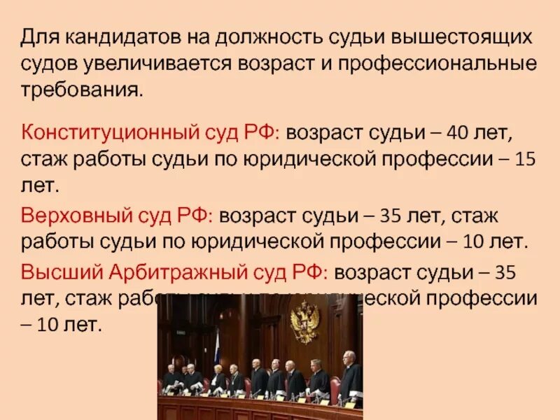 Конституционный суд премии. Требования к кандидатам на должность судьи таблица Возраст и стаж. Требования на должность в Конституционный суд РФ. Конституционный суд РФ Возраст. Возраст судьи Верховного суда.