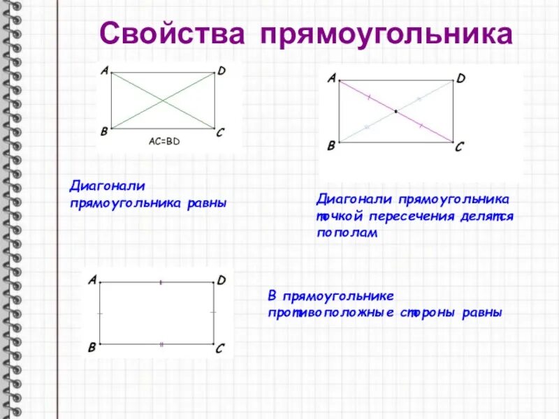 Диагонали прямоугольника равны рисунок. Свойства диагоналей прямоугольника. Свойства сторон прямоугольника. Диагонали прямоугольника точкой пересечения делятся пополам. Диагонали прямоугольника равны.