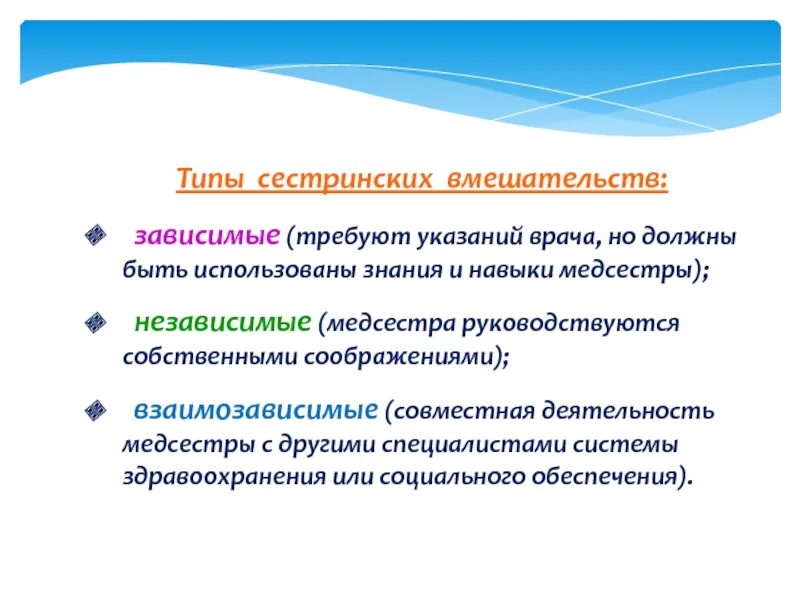 Сестринское вмешательство по назначению врача. Зависимое и независимое Сестринское вмешательство. Зависимые и независимые сестринские вмешательства. Зависимый Тип сестринского вмешательства. Типы сестринских вмешательств.